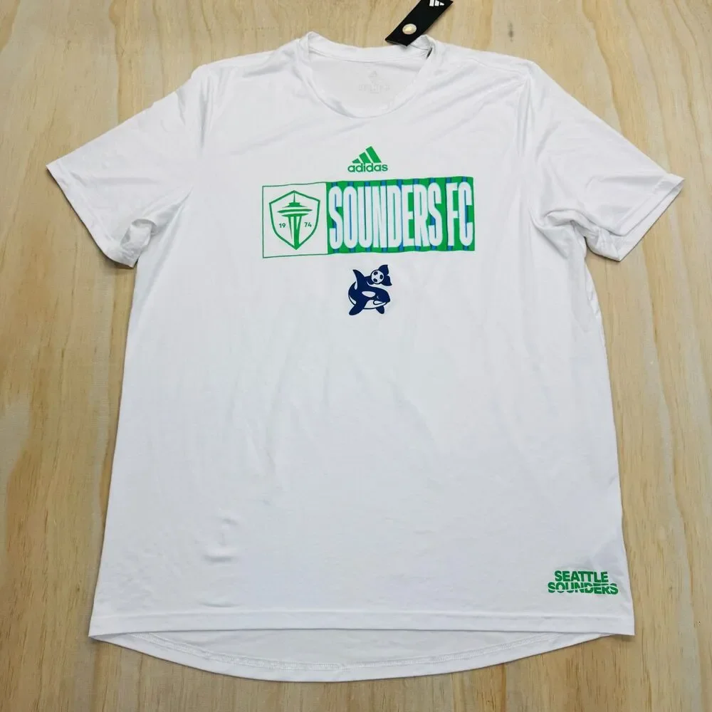 NEW Seattle Sounders FC adidas Pregame Short Sleeve Shirt White Sz XL SLIM Fit